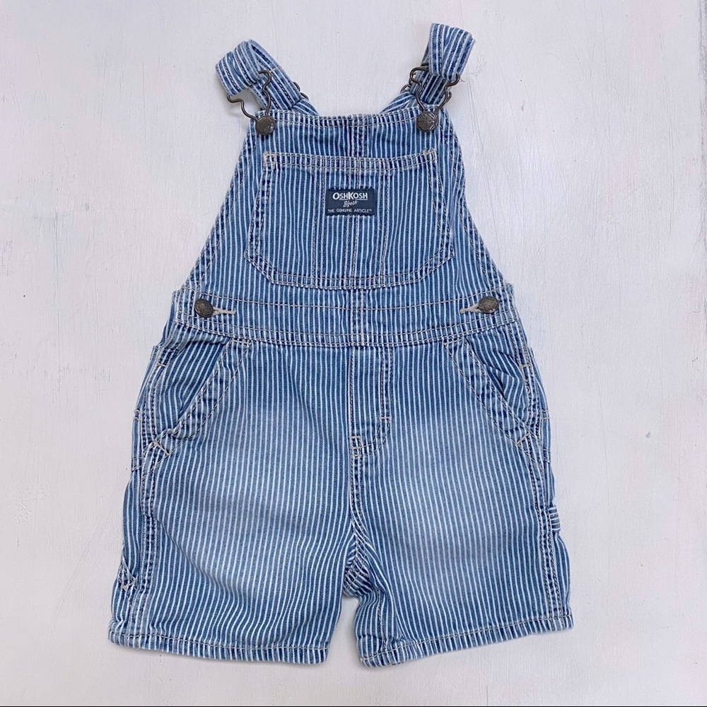 OshKosh B’Gosh railroad striped overall shorts